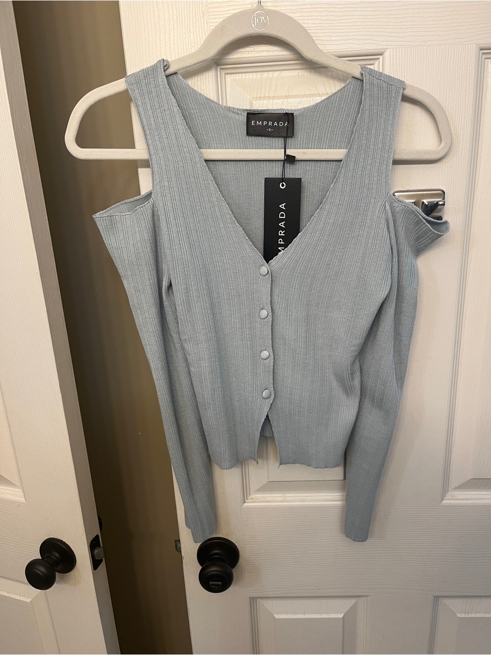 Emprada Light Blue Button Front Cutout Ribbed Knit Cardigan size S NWT